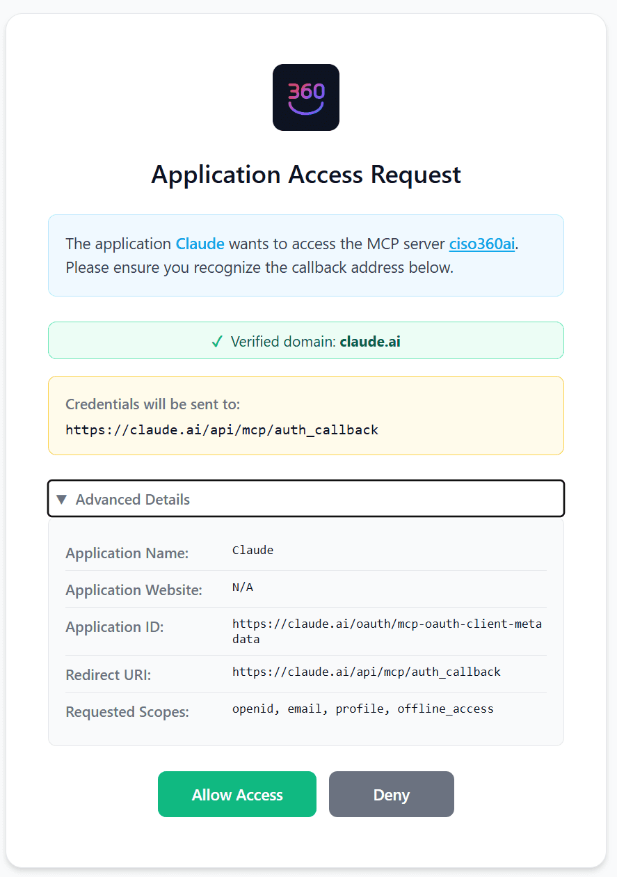 The CISO360AI connector requesting access